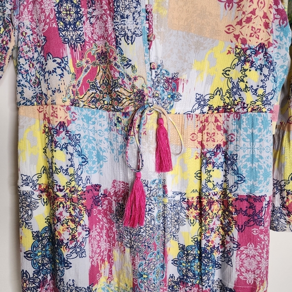 Reba Vintage Boho Patchwork Multi Print Bell Sleeve Midi Dress Med Garden Girl - Picture 4 of 13